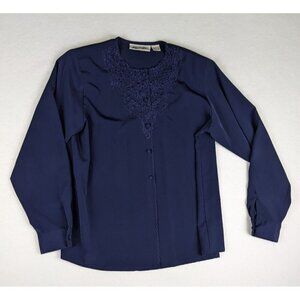 Yves St. Clair Women's Top Size 10 Blue Silky Embroidered Long Sleeve Blouse